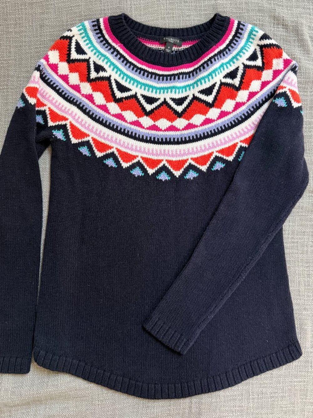 Talbots Navy Blue Fairisle Geometric Yoke Knit Crew Neck Sweater Petite P / S